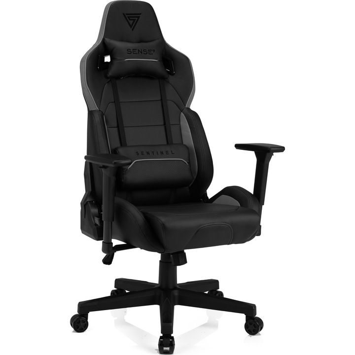 Scaun gaming SENSE7 Sentinel, Piele Ecologica HDE™, Greutate maxima: 150 kg, cu suport lombar, cu perna tetiera, spatar reglabil (FlowTech™Exo Pro), rotativ, cotiere reglabile, Negru/Gri