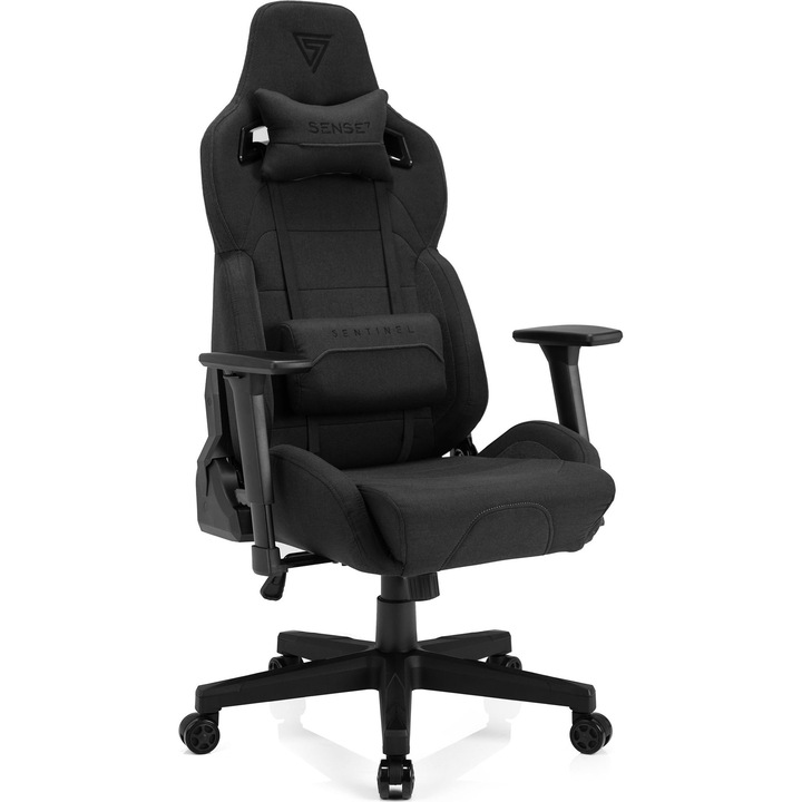 Scaun gaming SENSE7 Sentinel, Material Textil, Greutate maxima: 150 kg, cu suport lombar, cu perna tetiera, spatar reglabil (FlowTech™Exo Pro), rotativ, cotiere reglabile, Negru