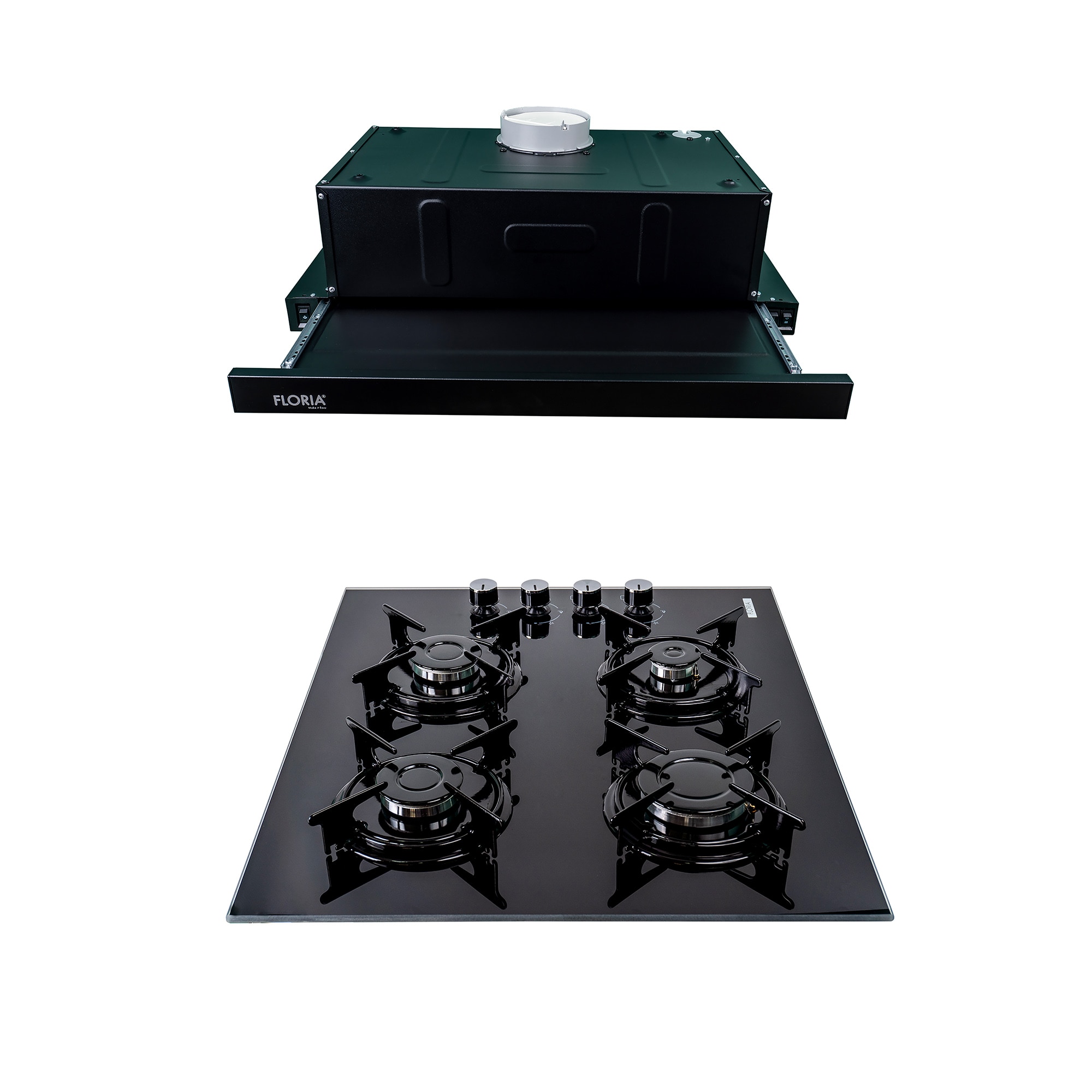 Pachet Plita incorporabila Sticla (1871), 65x60x15cm , Gaz butelie sau gaz natural (duze de schimb incluse) , Hota 1 motor , putere 140W (1895) , 60X50 cm / SET 30030