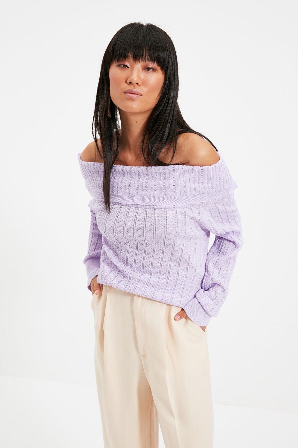Trendyol, Pulover uni cu decolteu pe umeri, Lila