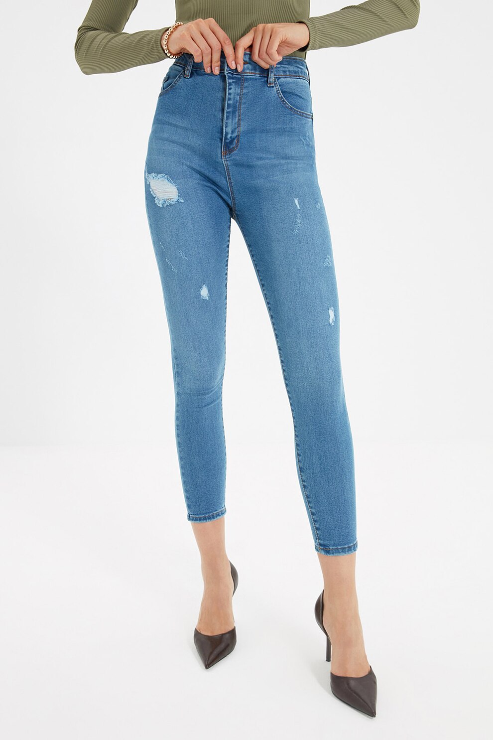 Trendyol, Blugi skinny cu talie inalta, Albastru