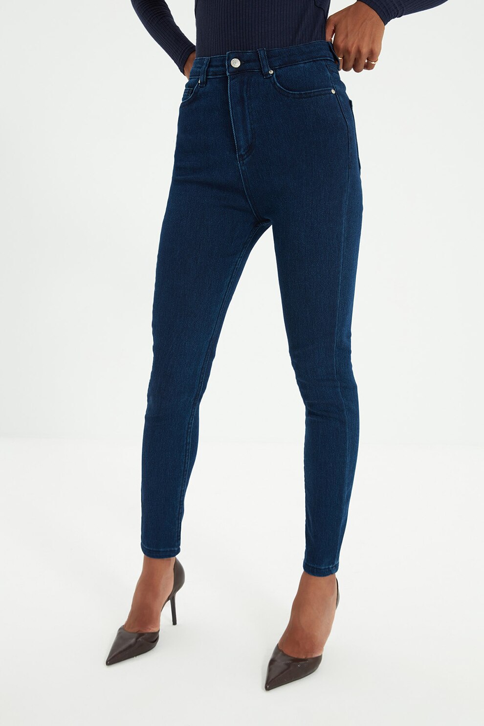 Trendyol, Blugi skinny cu talie inalta, Bleumarin, S