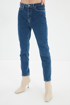 Trendyol, Blugi mom fit cu talie inalta, Albastru inchis Trendyol, Blugi mom fit cu talie inalta, Albastru inchis