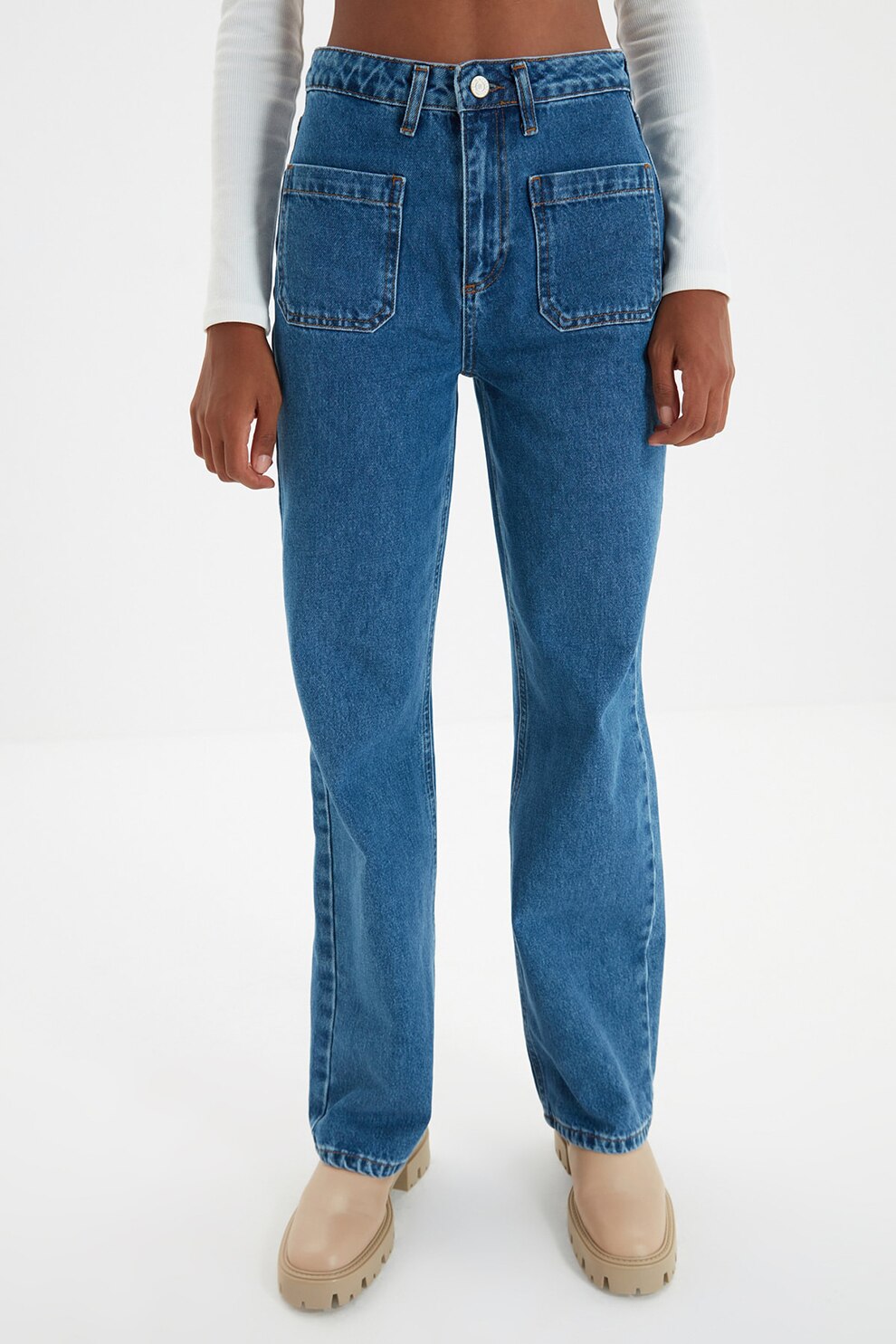 Trendyol, Blugi drepti cu talie inalta, Albastru