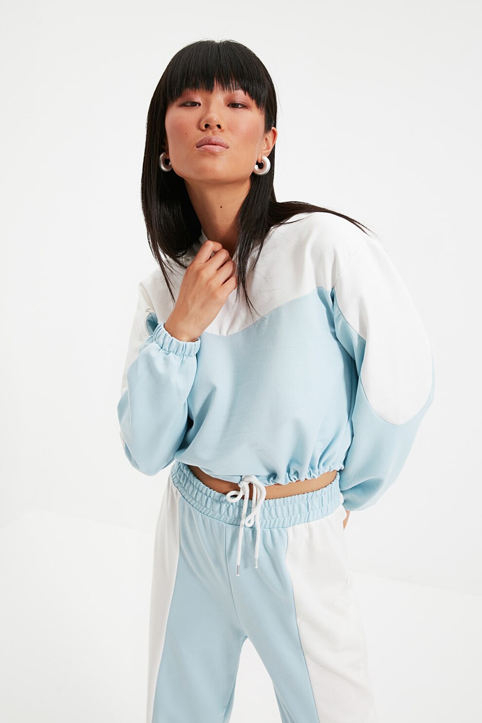 Trendyol, Trening cu gluga si snur in talie, Albastru deschis, XL