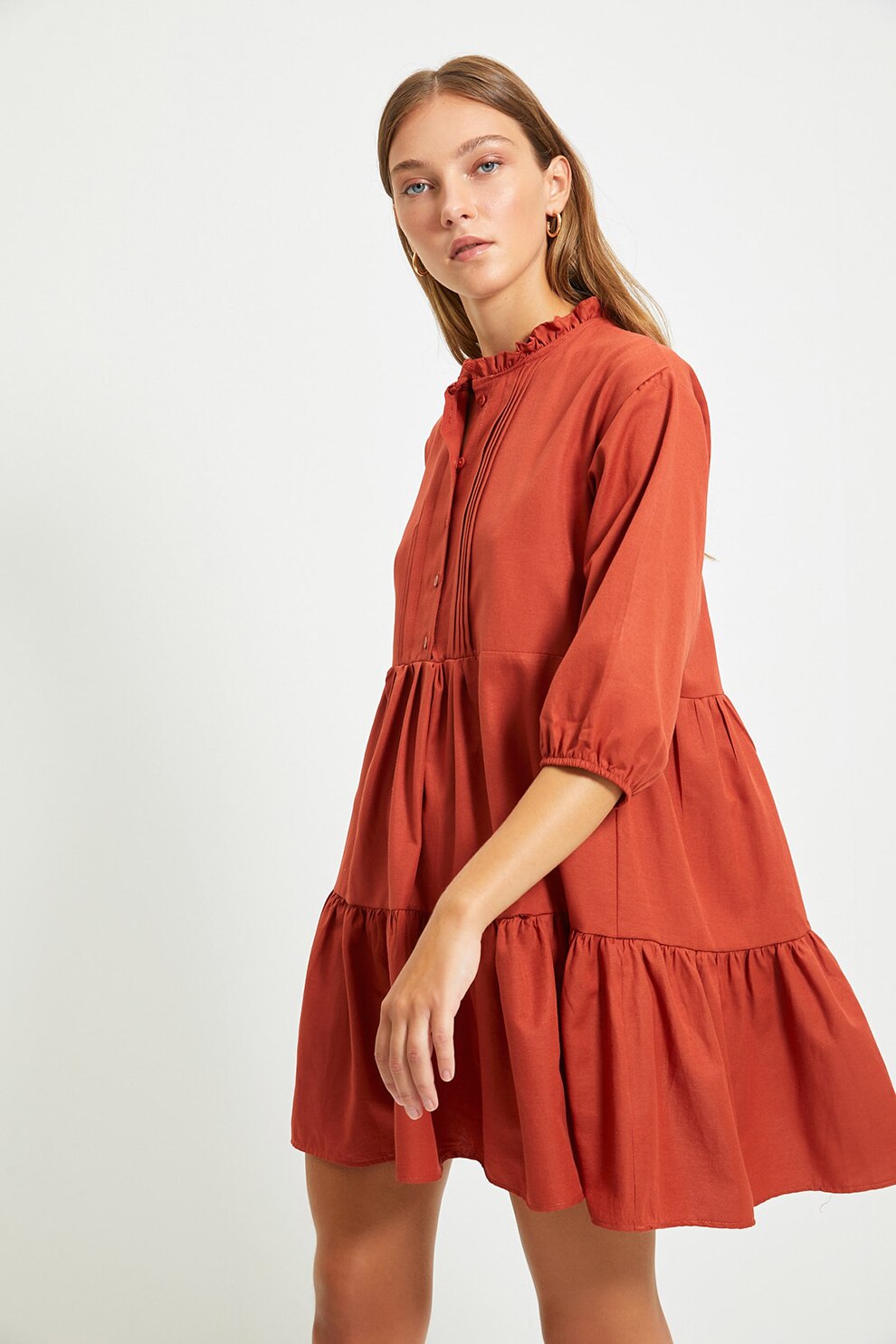 Trendyol, Rochie lejera cu fronseuri, Rosu caramiziu