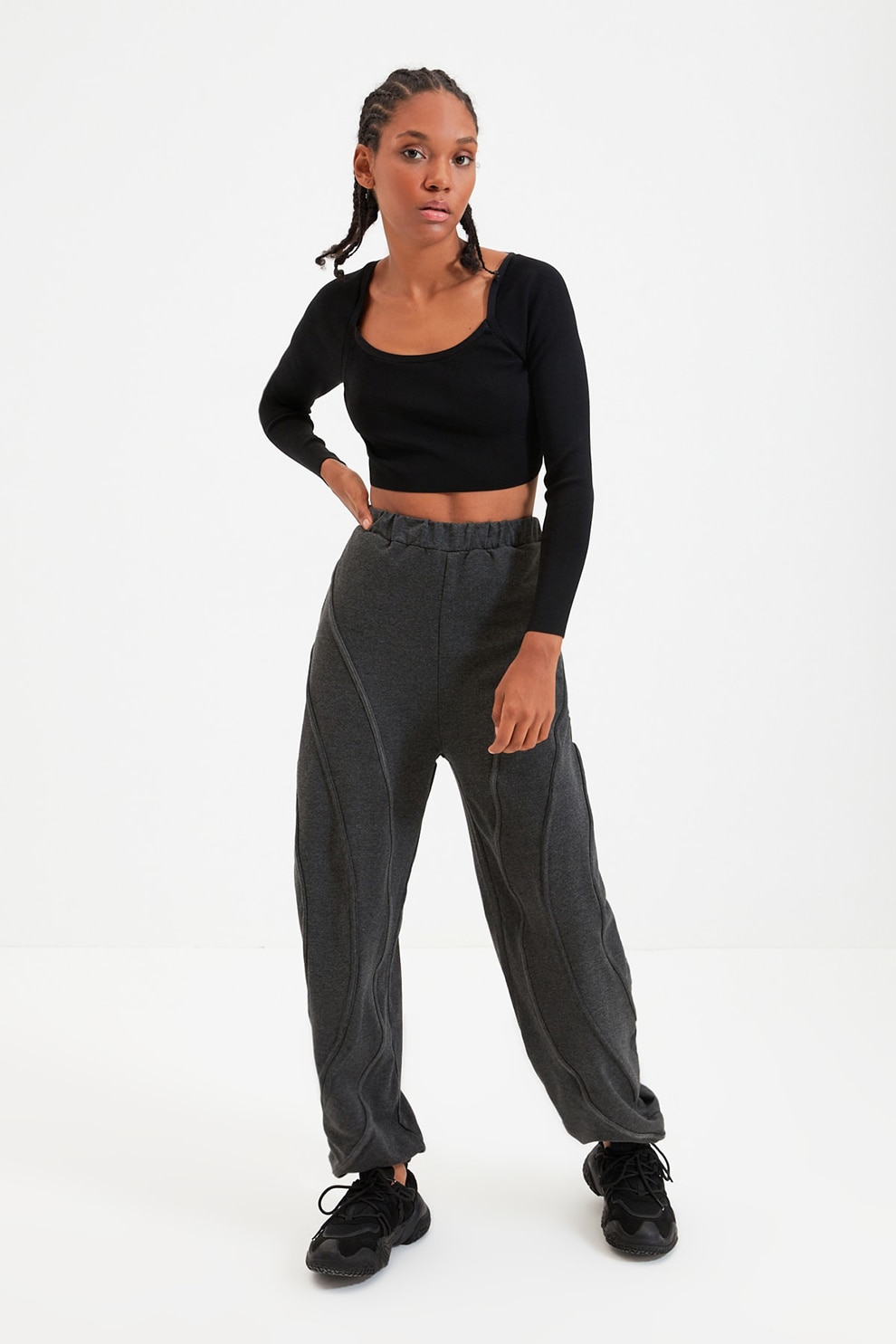 Trendyol, Pantaloni sport evazati cu talie inalta, Gri antracit