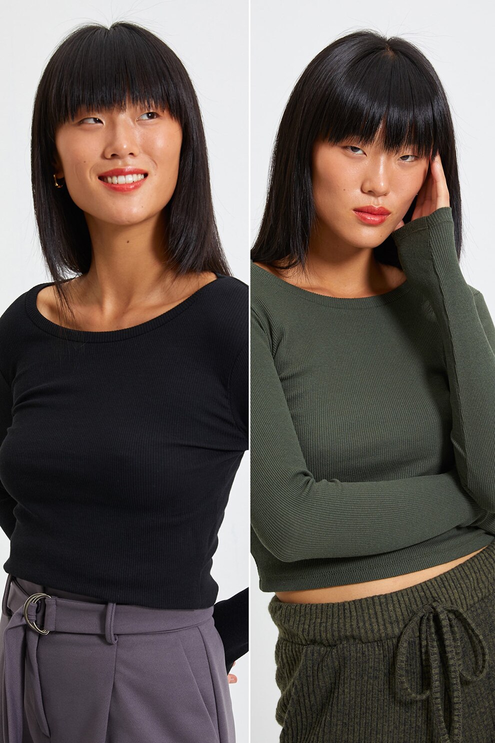 Trendyol, Set de bluze crop - 2 piese, Negru/Verde inchis