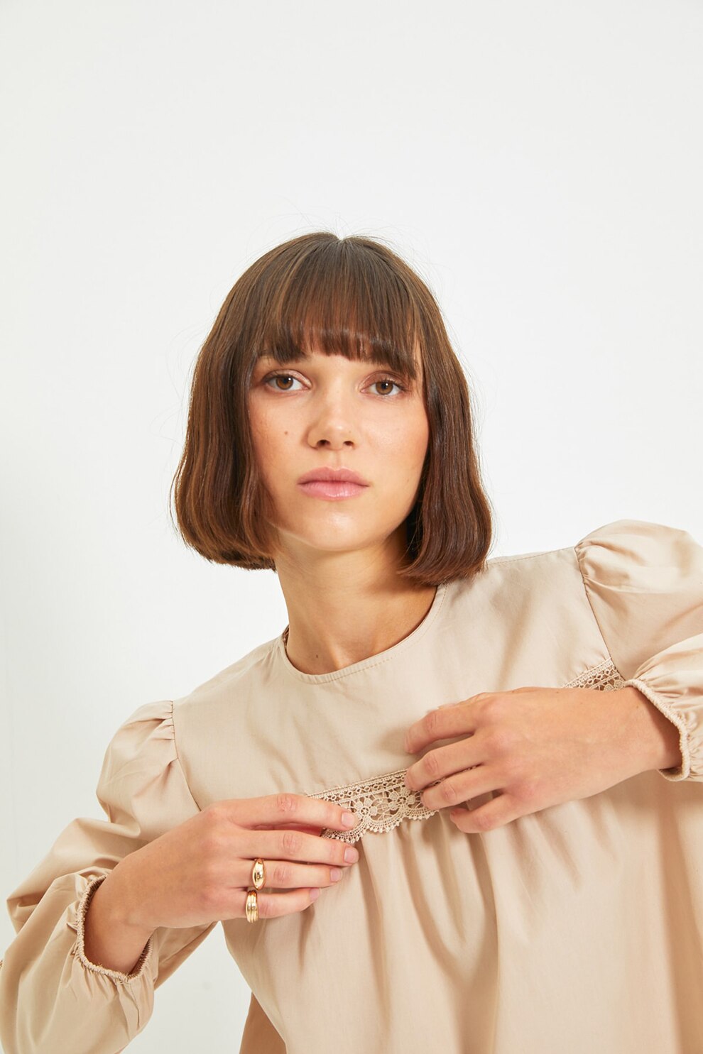 Trendyol, Bluza cu insertii de dantela crosetata, Bej