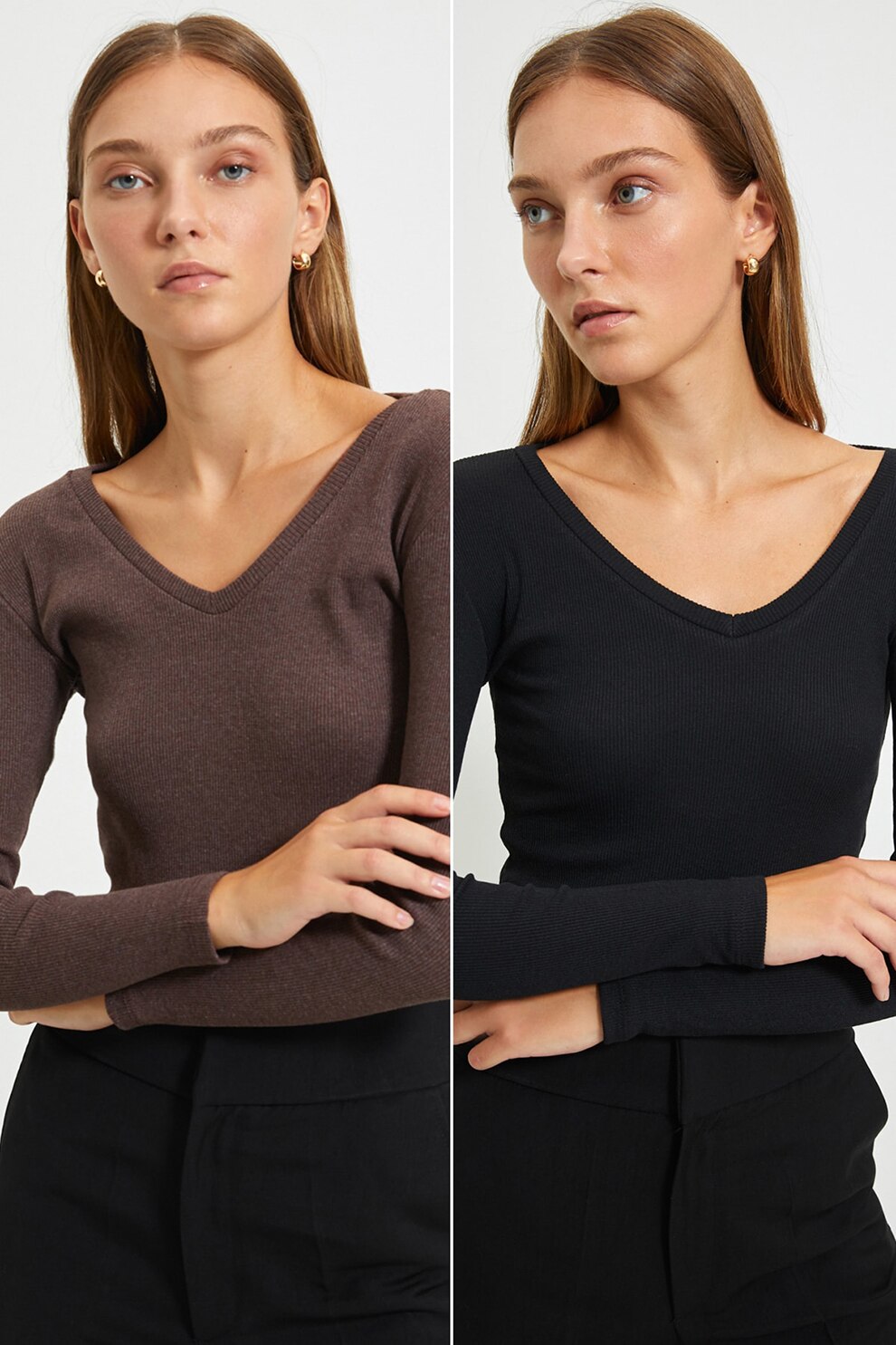 Trendyol, Set de bluze crop cu decolteu in V -2 piese, Negru/Maro