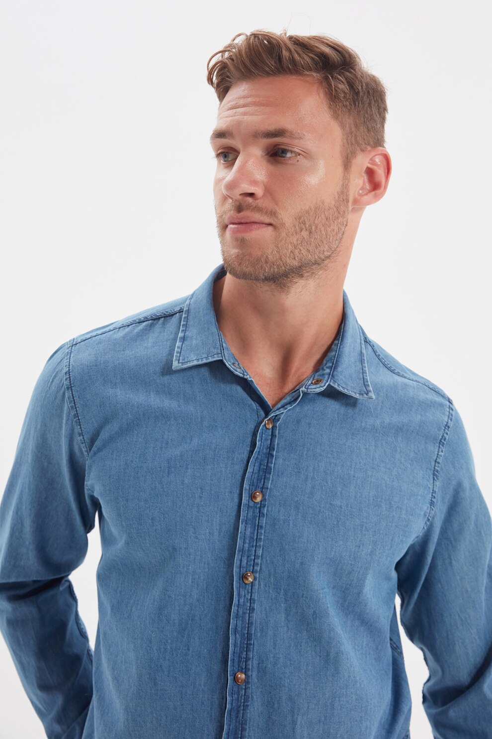 Trendyol, Camasa slim fit de denim, Albastru deschis