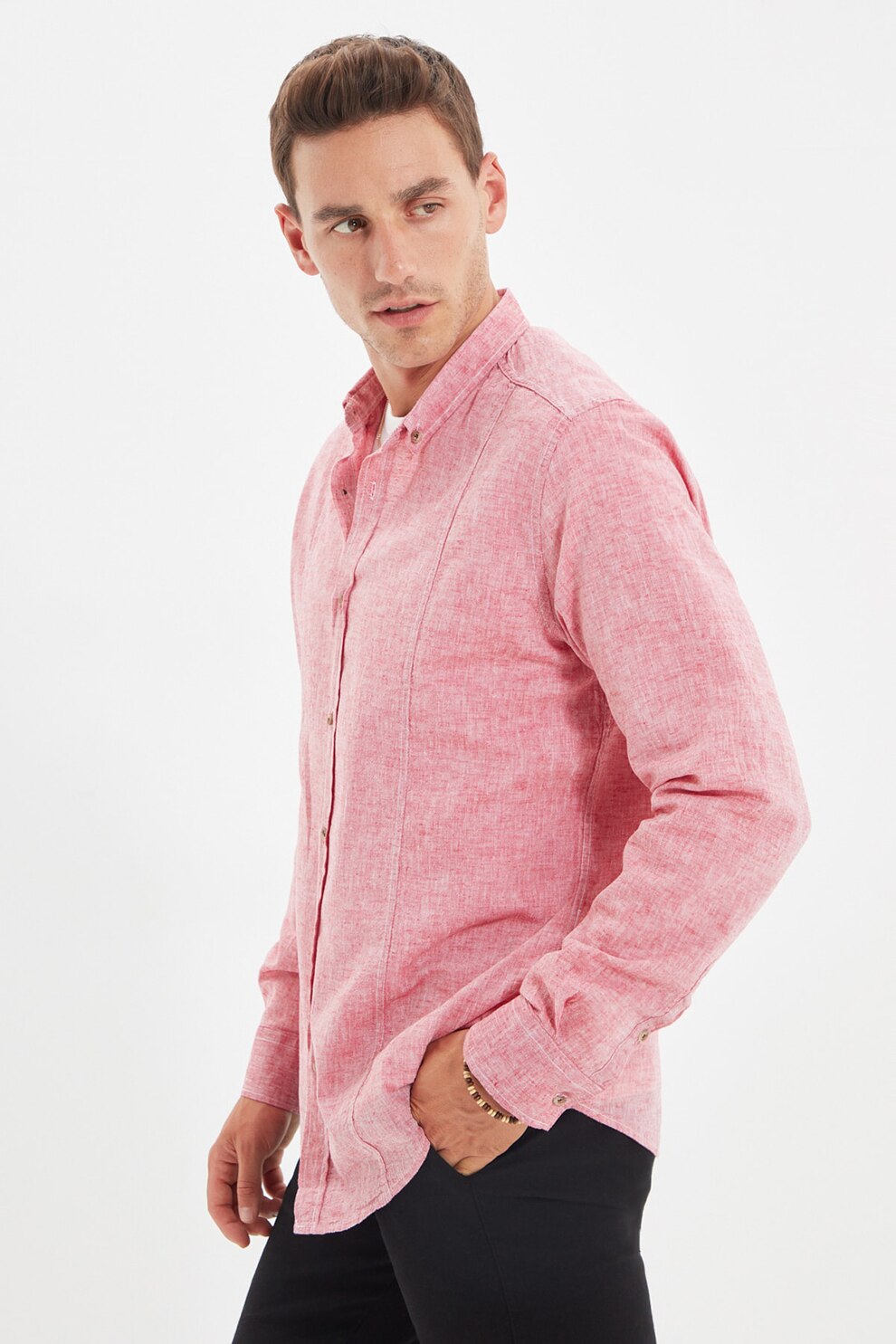 Trendyol, Camasa slim fit din amestec de in, Roz