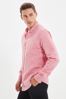 Trendyol, Camasa slim fit din amestec de in, Roz Trendyol, Camasa slim fit din amestec de in, Roz