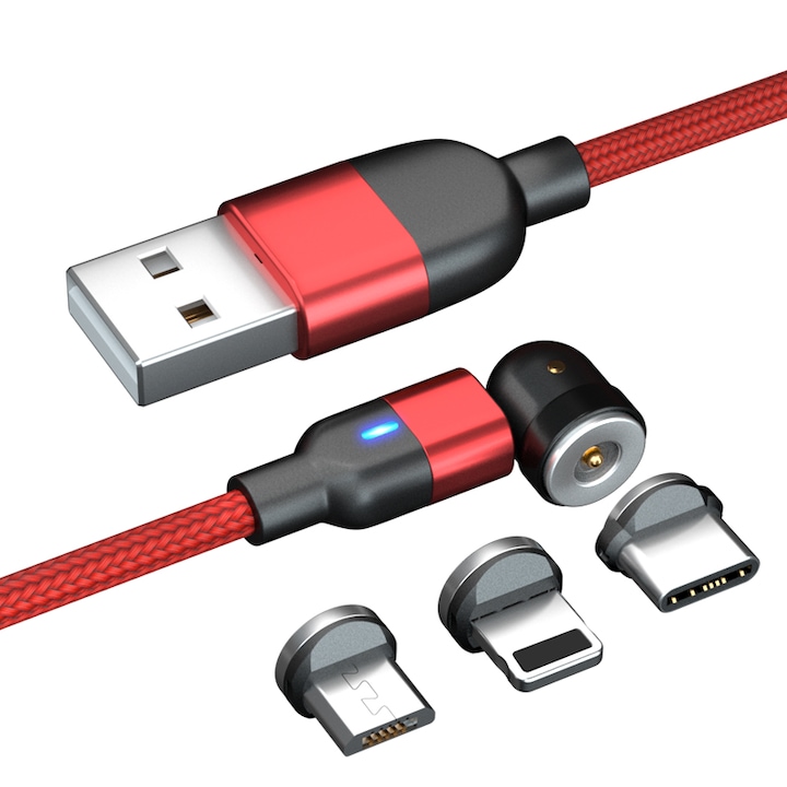 3in1 mágneses USB töltőkábel IPhone Lighting, Micro USB, USB Type-C 100cm fekete 360° - Piros