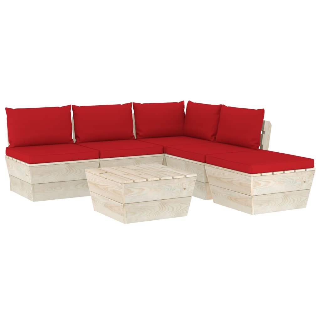 Mobilier de gradina din paleti cu 6 piese cu perne colorate incluse, vidaXL, Lemn, 60 x 60 x 65 cm, Rosu