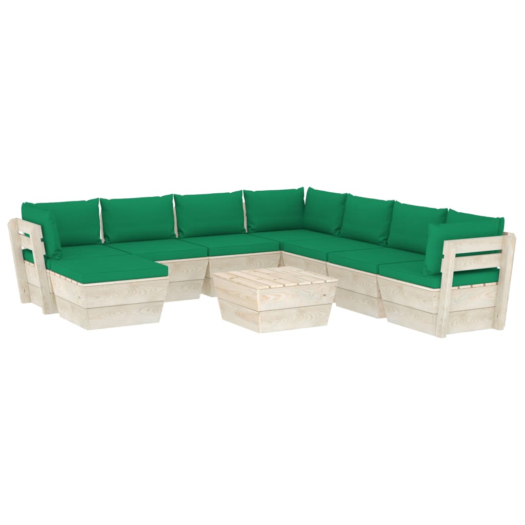 Mobilier de gradina cu 9 piese cu perne verzi, vidaXL, Lemn, 60 x 60 x 65 cm, Verde
