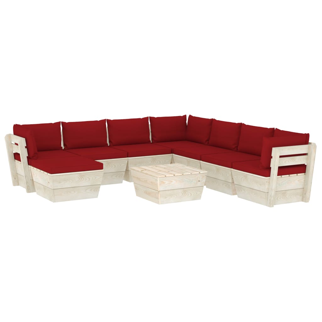 Mobilier de gradina cu 9 piese cu perne rosu inchis, vidaXL, Lemn, 60 x 60 x 65 cm, Rosu