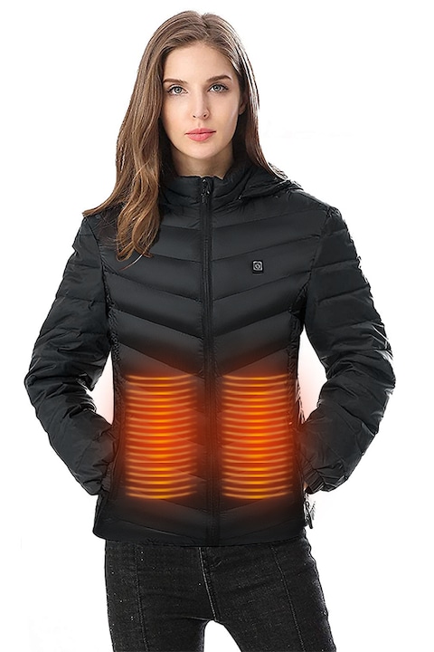 Dollcini, elegáns fűthető női kabát, télikabát, USB fűtési rendszerrel, Szélálló elektromos szigetelt kabát levehető kapucnival, Fekete,