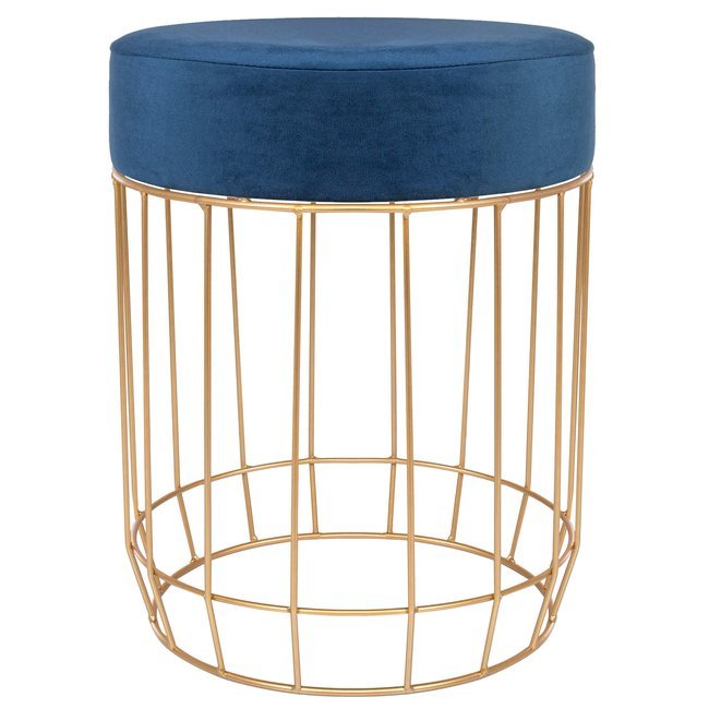 Taburet din catifea albastru 45 cm, cadru metalic auriu