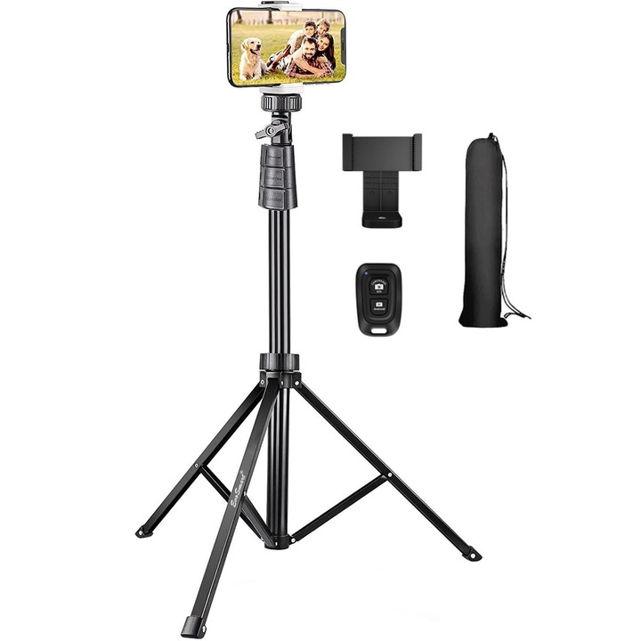 Trepied Foto Telescopic EvoSmart™ 4D Profesional, Pentru Telefon/Camera Foto, Telecomanda Bluetooth, Universal, Ajustabil, Husa Impermeabila, H45-130cm, Aluminiu, Negru