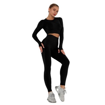 Set Sport 2 Piese Colanti si Bluza Crop cu Maneci, Negru Set Sport 2 Piese Colanti si Bluza Crop cu Maneci, Negru