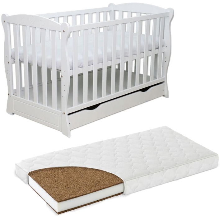 Patut din lemn masiv 120x60 cm Bethany alb cu sertar, include saltea cocos LUX 120x60x9 cm