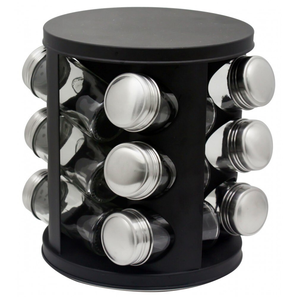 Recipiente pentru condimente Voltz V51217A12, 12buc, Suport rotativ, Negru