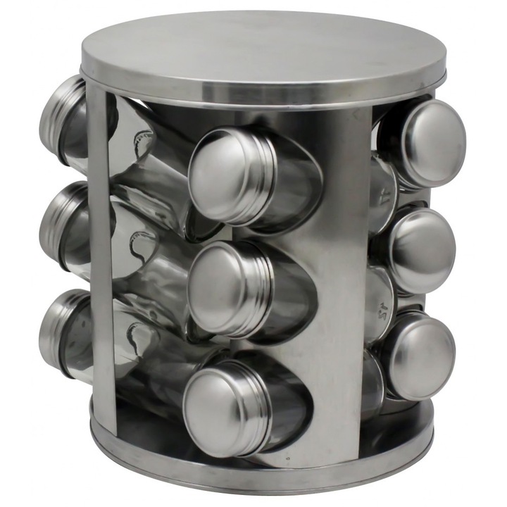 Recipiente pentru condimente Voltz V51217A12, 12buc , Suport rotativ metalic, Gri