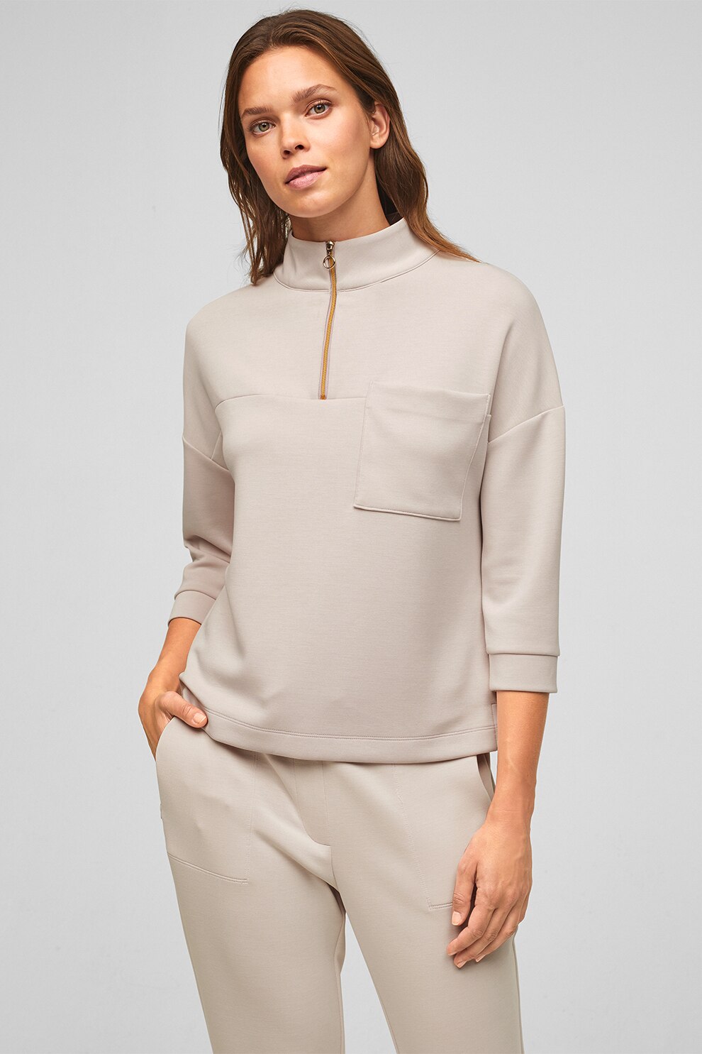 s.Oliver, Bluza sport din amestec de modal, cu fermoar scurt, Maro/Maro deschis/Oranj