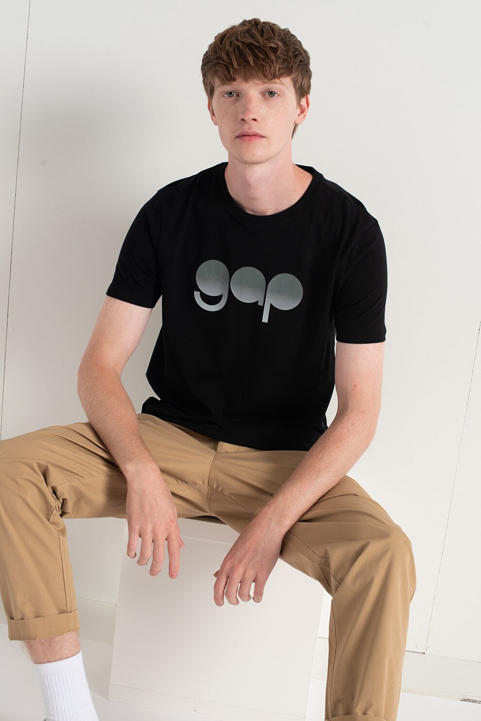 GAP, Tricou de bumbac cu imprimeu logo, Negru