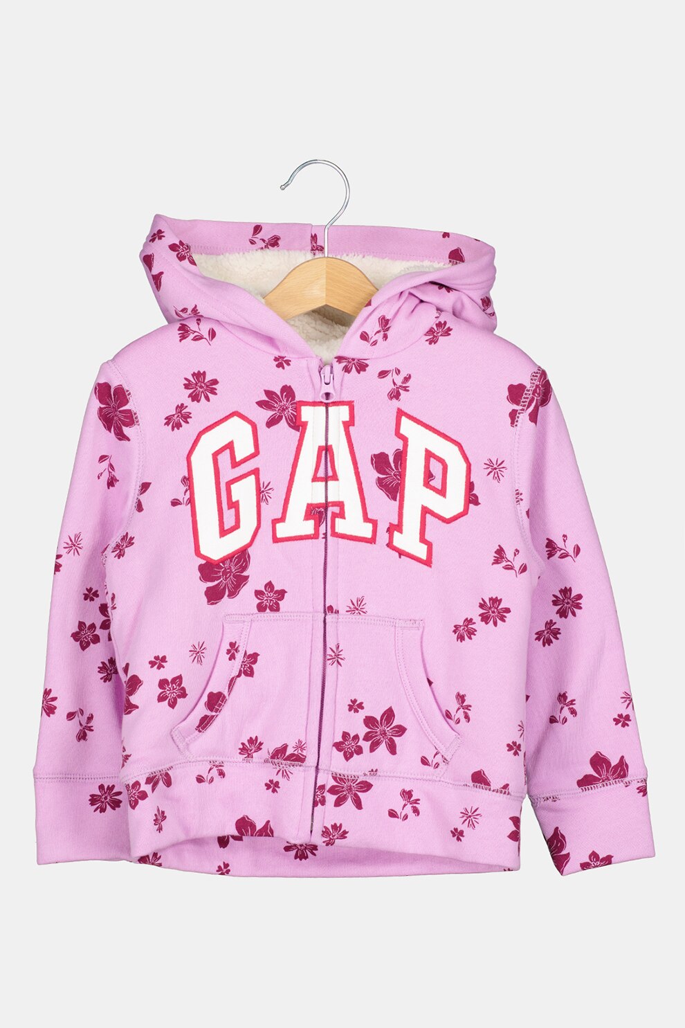 GAP, Hanorac cu imprimeu si captuseala din material teddy, Lila/Alb