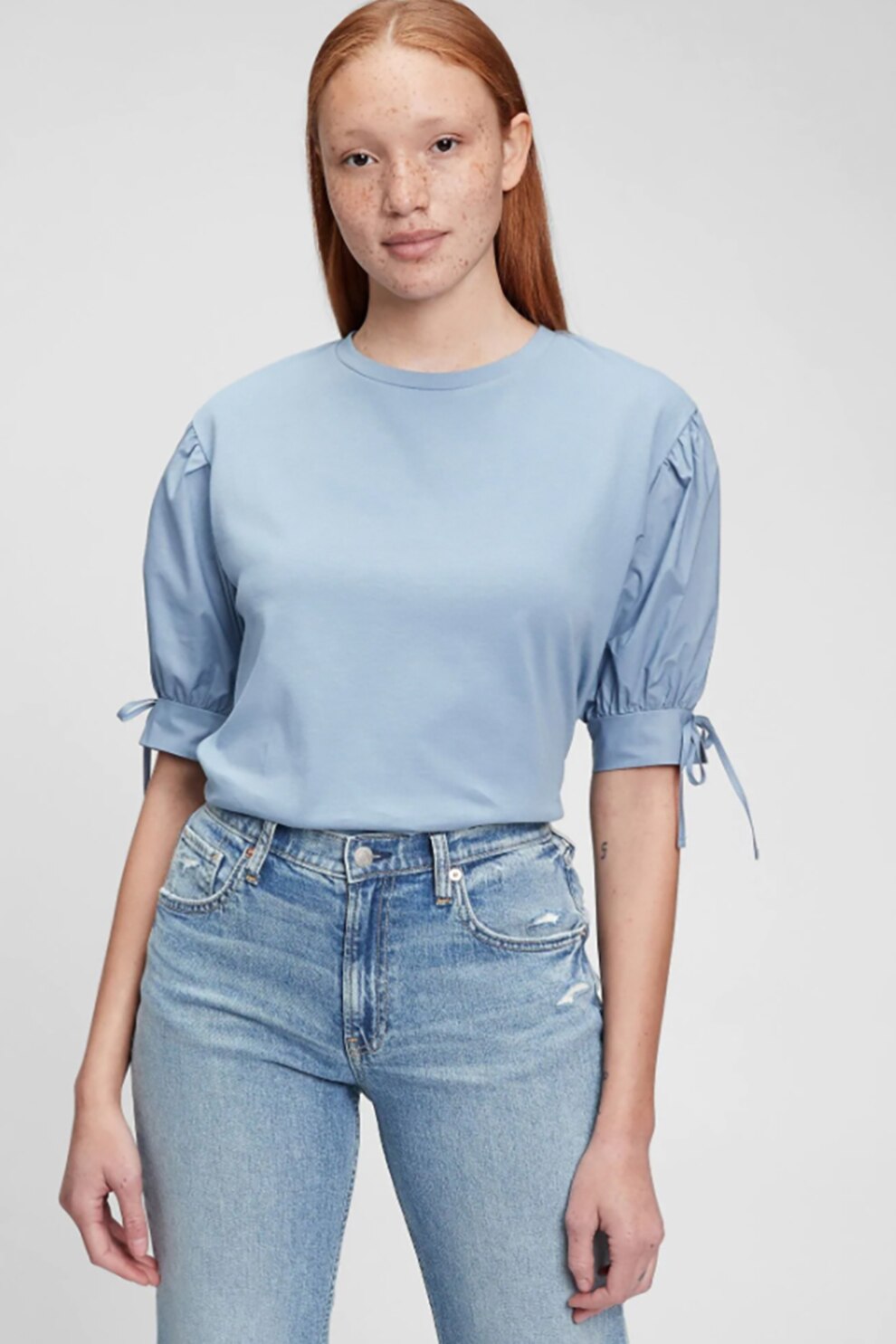 GAP, BLuza cu decolteu la baza gatului si maneci bufante, Albastru lavanda