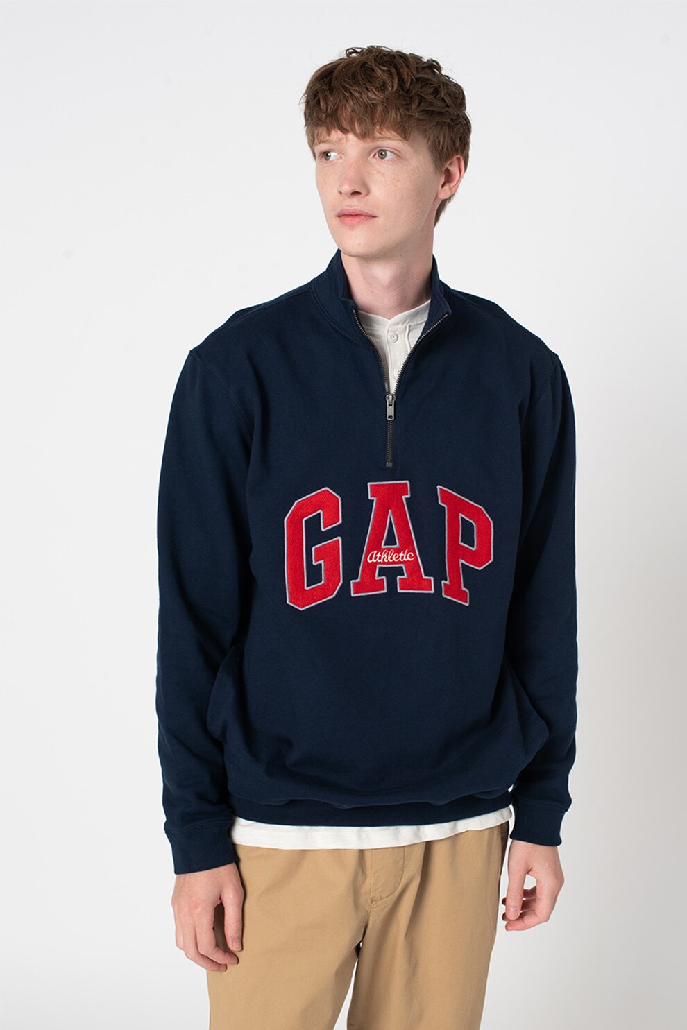 GAP, Bluza sport cu fermoar scurt si logo, Bleumarin