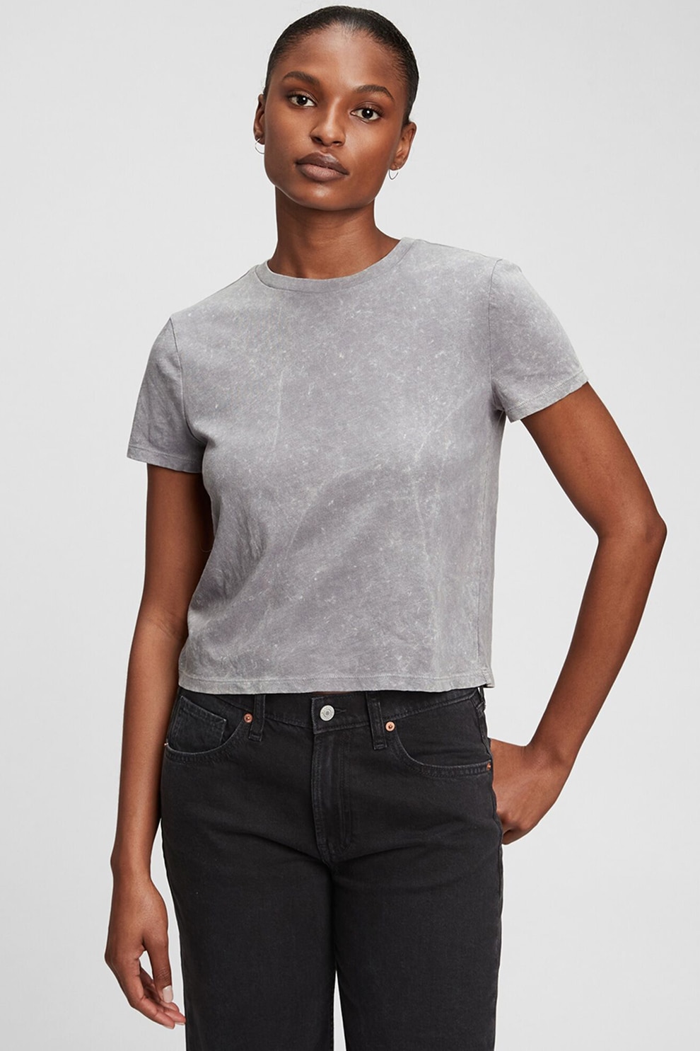 GAP, Tricou crop de bumbac cu decolteu la baza gatului, Gri melange