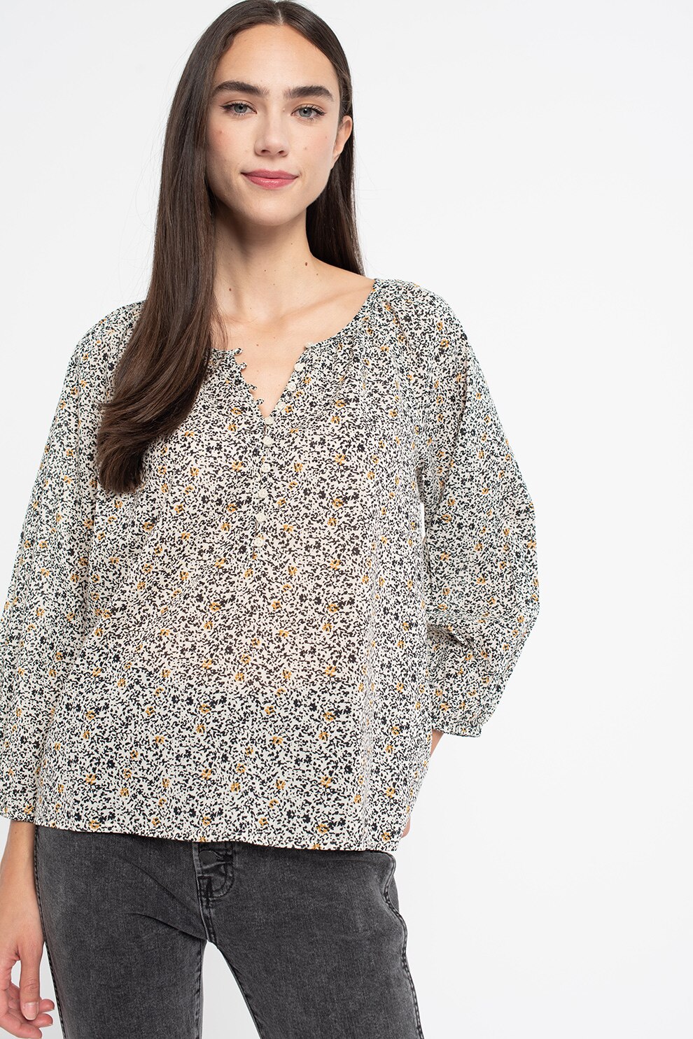 GAP, Bluza lejera cu maneci 3/4, Alb/Negru