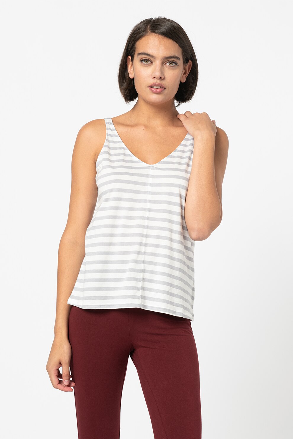 GAP, Top cu decolteu in V din amestec de bumbac, Alb/Gri