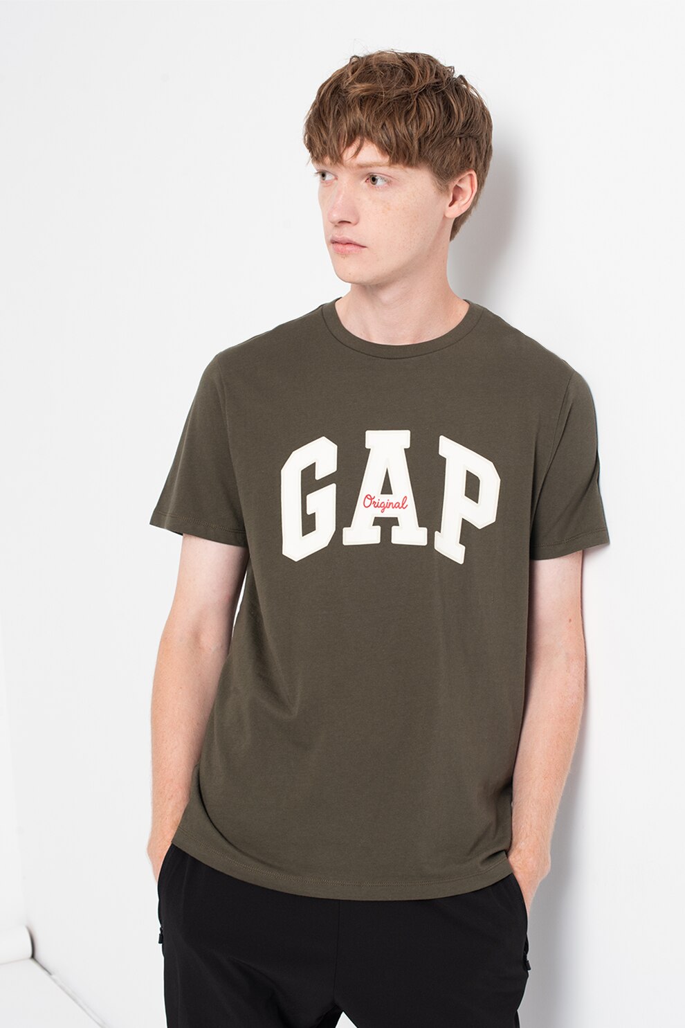 GAP, Tricou cu imprimeu logo si decolteu la baza gatului, Verde/Alb
