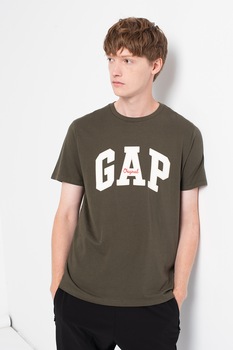 GAP, Tricou cu imprimeu logo si decolteu la baza gatului, Verde/Alb GAP, Tricou cu imprimeu logo si decolteu la baza gatului, Verde/Alb