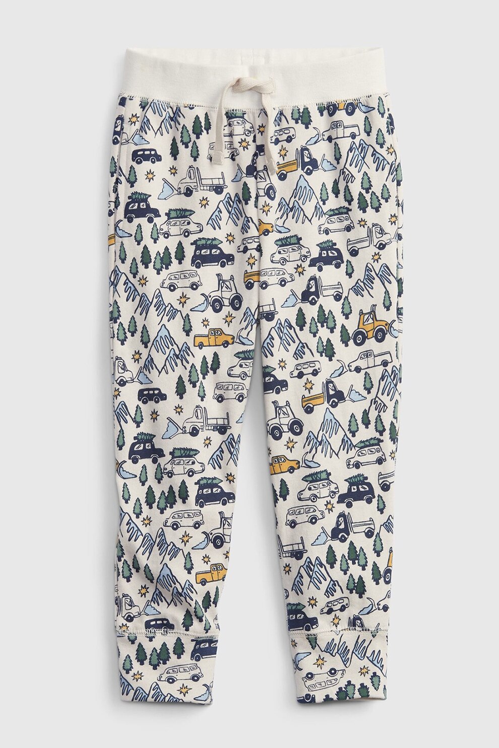 GAP, Pantaloni sport de bumbac organic cu model grafic, Crem/Bleumarin/Galben