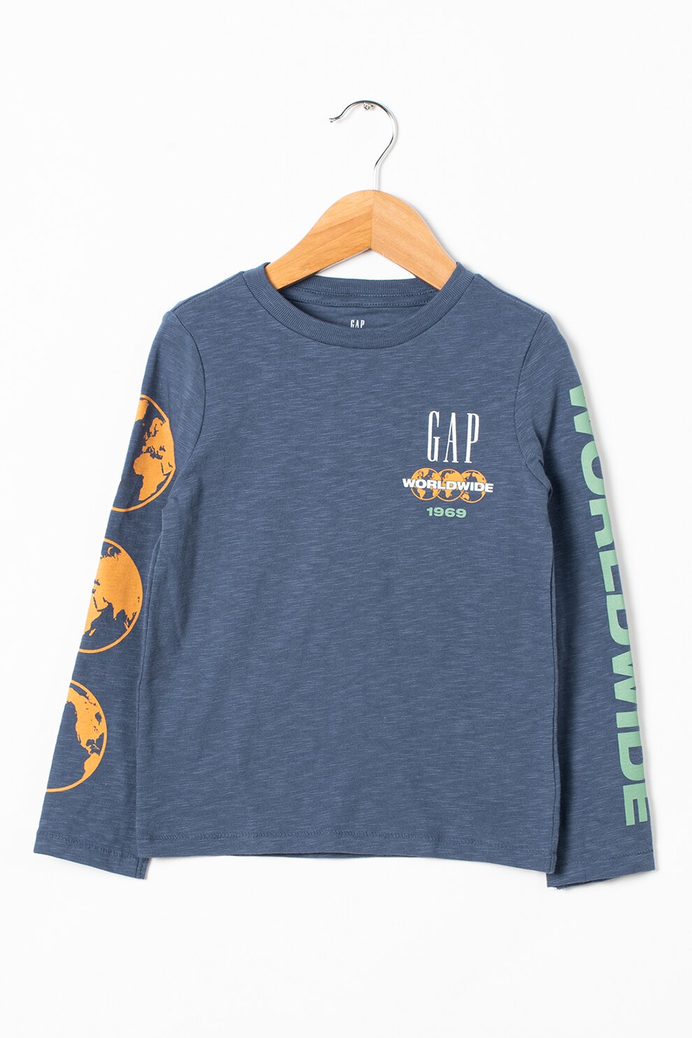 GAP, Bluza cu decolteu la baza gatului si imprimeu logo, Albastru inchis/Verde
