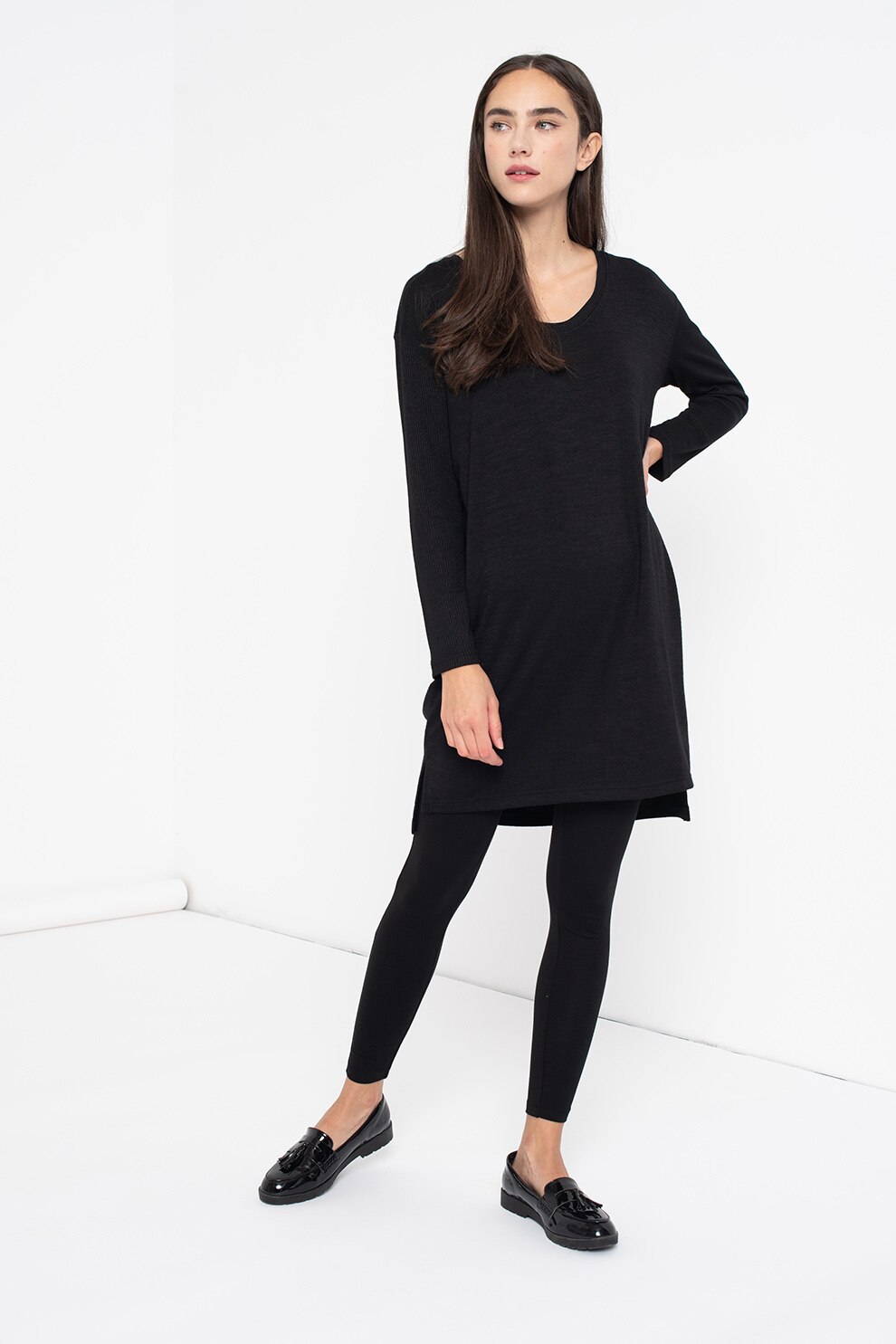 GAP, Pulover lung tricotat fin cu maneci cazute, Negru