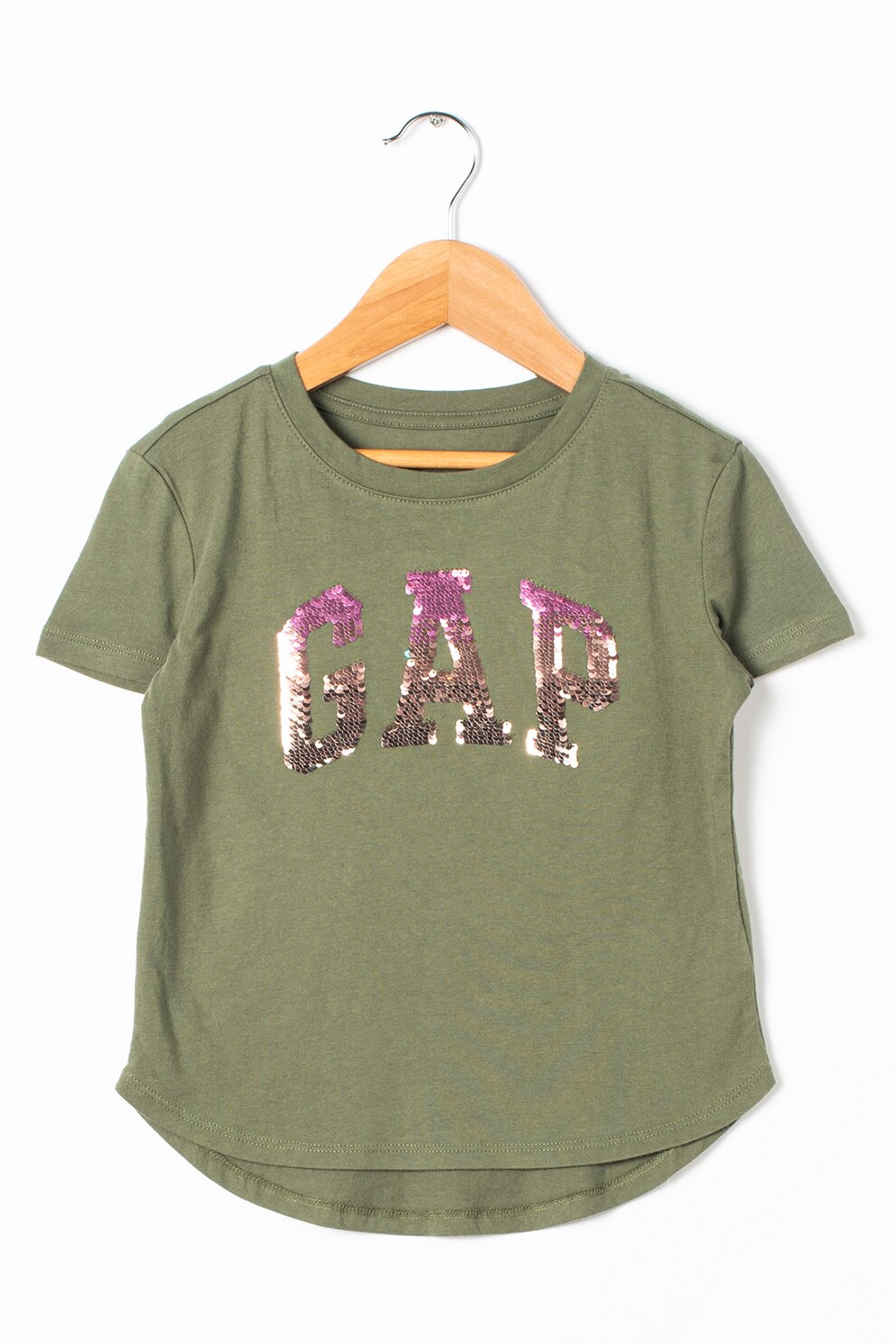 GAP, Tricou cu decolteu la baza gatului si paiete reversibile, Verde feriga