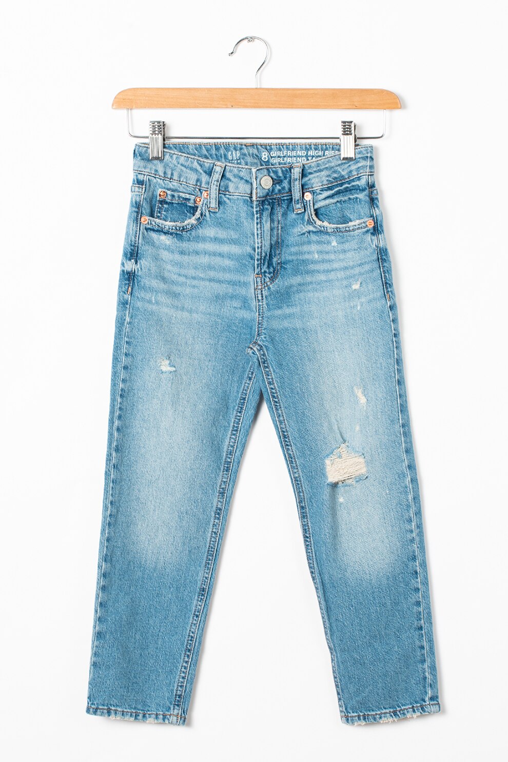 GAP, Blugi cu talie inalta si aspect deteriorat, Albastru deschis