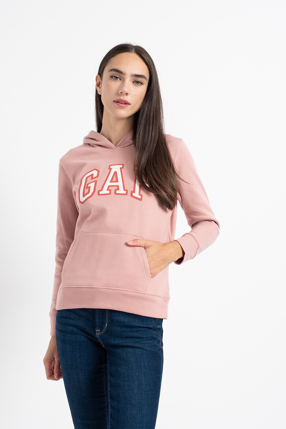 GAP, Hanorac cu logo brodat si buzunar kangaroo, Roz prafuit