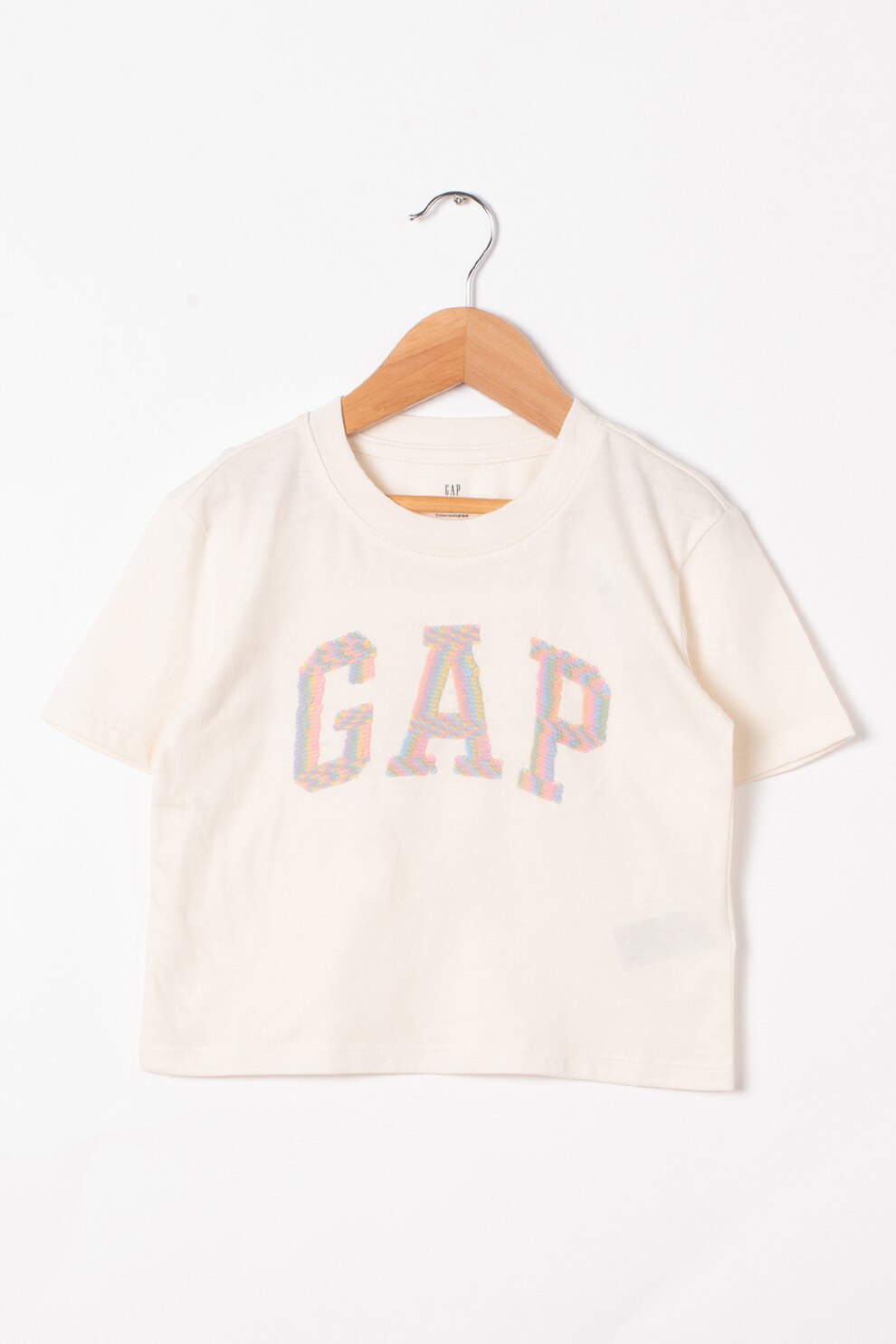 GAP, Tricou din bumbac organic cu aplicatie cu paiete reversibile, Alb prafuit