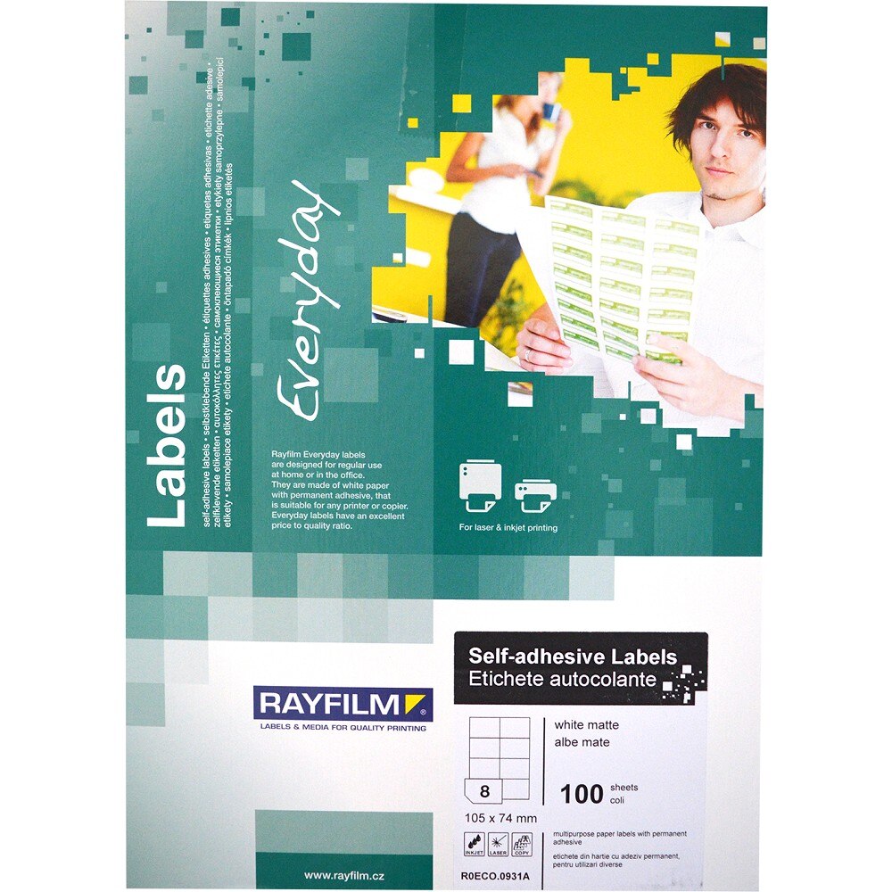 Etichete autoadezive, alb mat, de 105x74.2mm, 8buc/A4 100coli/top, gama ECO, uz univ Rayfilm