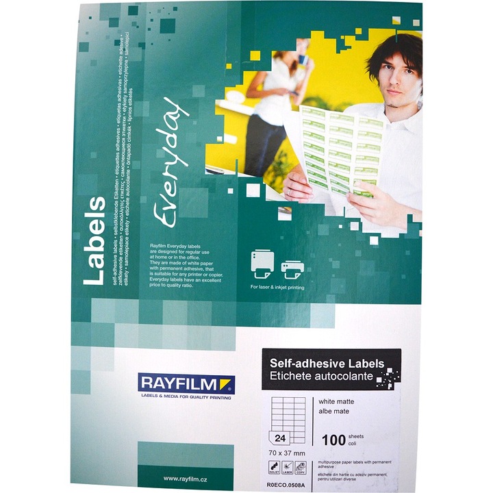 Etichete autoadezive, alb mat, de 70x37mm, 24buc/A4 100coli/top, gama ECO, uz univ Rayfilm