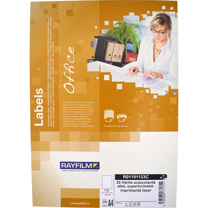 Etichete autoadezive,alb High Glossy, 1buc/A4 20/set, laser, gama Office Rayfilm