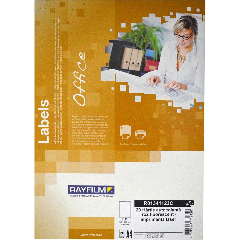 Etichete autoadezive, roz fluorescent, 1buc/A4 20/set, laser, gama Office Rayfilm