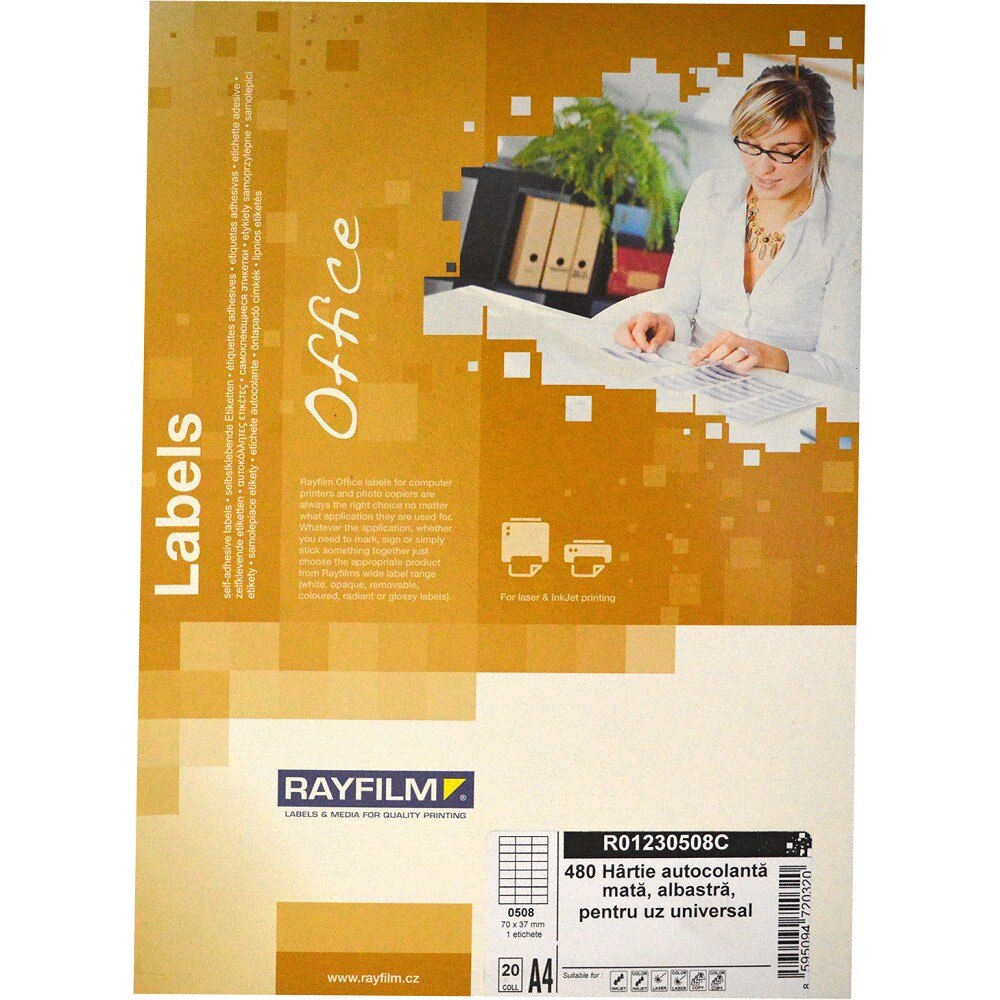 Etichete autoadezive, albastru mat, de 70x37mm, 24buc/A4 20coli/set, gama Office Rayfilm